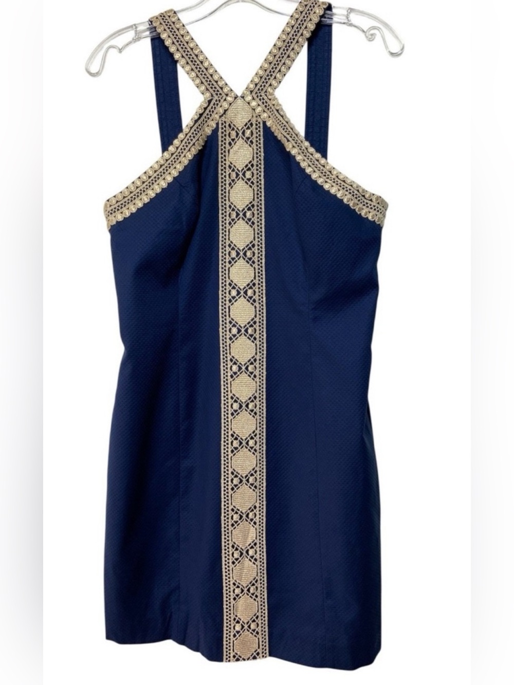 Lily Pulitzer Vena Navy Stretch Halter Shift Dress with Gold Detail Size 16